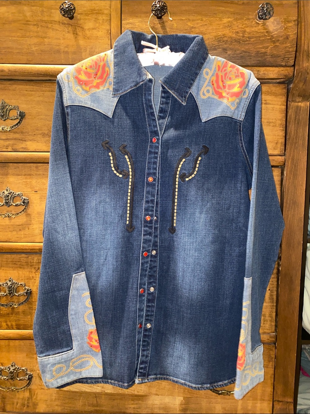 Wrangler Dark Blue Denim Western Button-Down Shirt with Orange Floral Accents